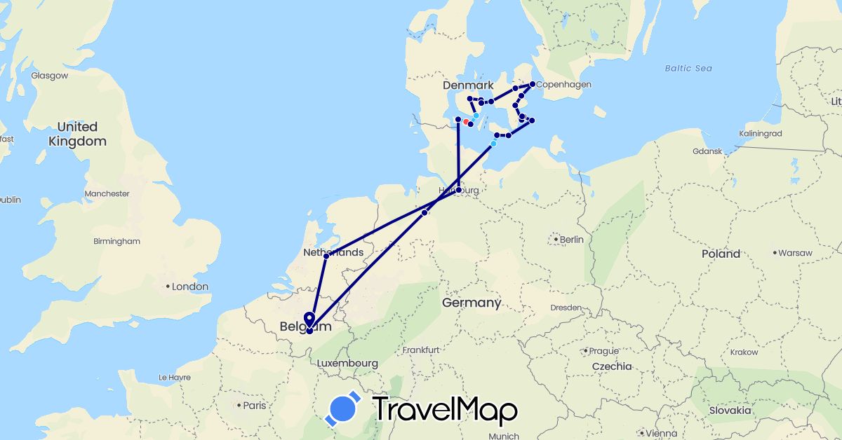 TravelMap itinerary: driving, hiking, boat in Belgium, Germany, Denmark, Netherlands (Europe)