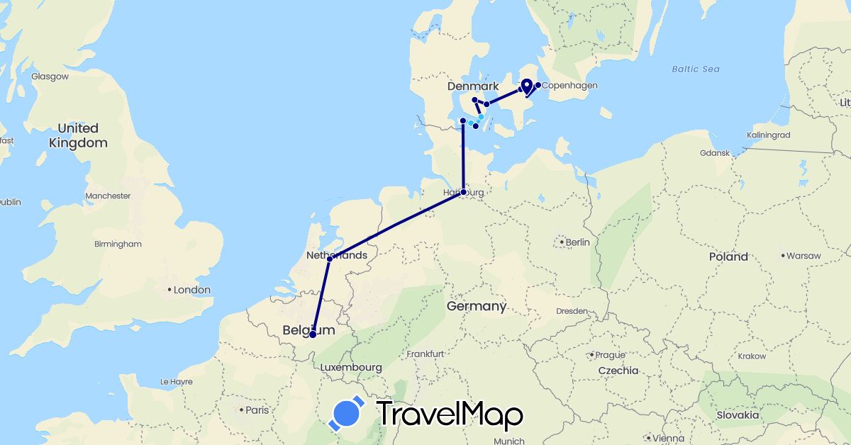 TravelMap itinerary: driving, boat in Belgium, Germany, Denmark, Netherlands (Europe)